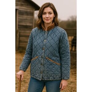Vintage Ralph Lauren Quilted Blue Denim Coat Equestrian Chore 90s Size P/P Women